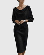 Elegant Collection | White Midi Dress with Draped Batwing Sleeves | Flattering Fit for Effortless Style 0