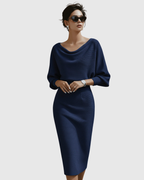 Elegant Collection | White Midi Dress with Draped Batwing Sleeves | Flattering Fit for Effortless Style 1