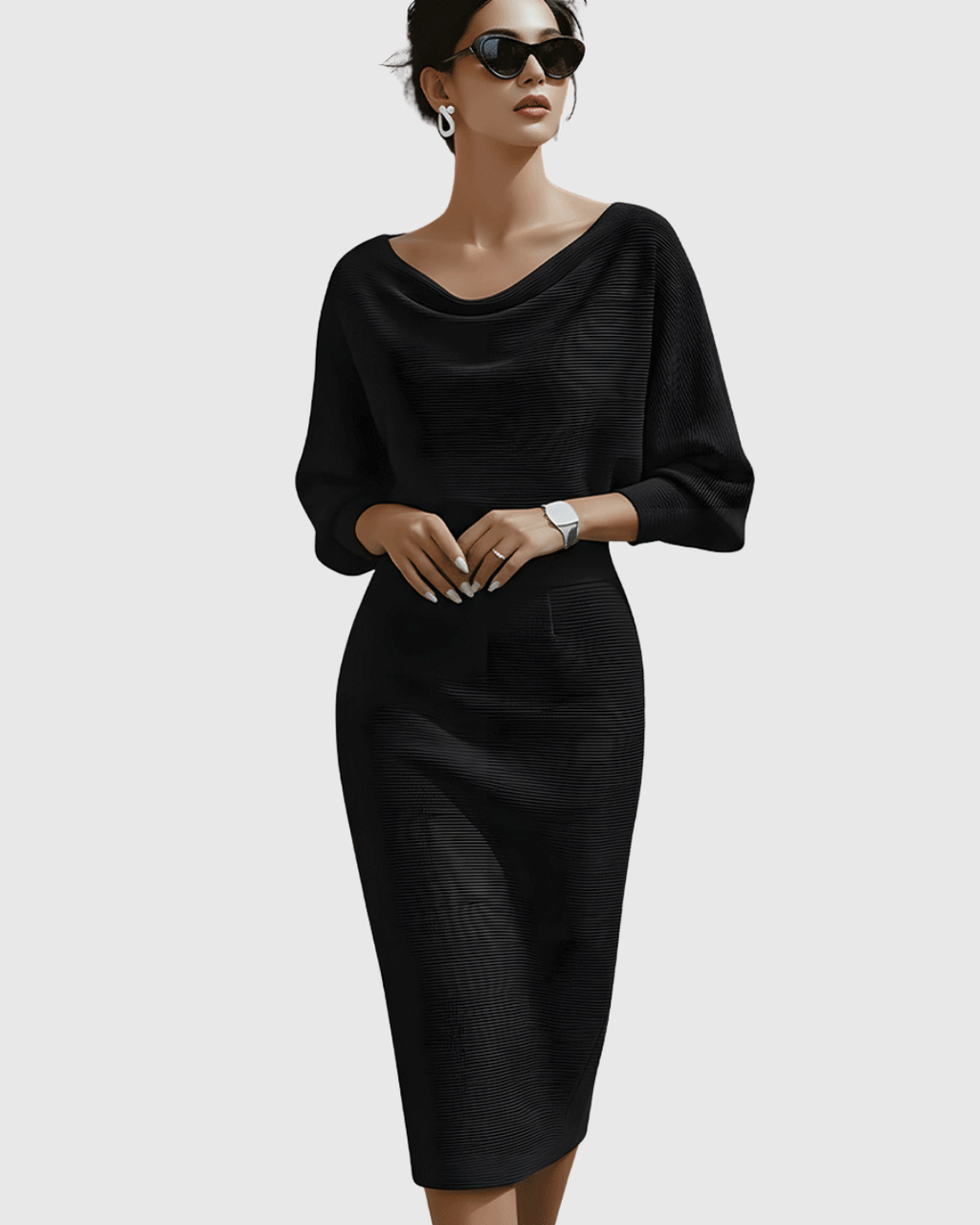 Elegant Collection | White Midi Dress with Draped Batwing Sleeves | Flattering Fit for Effortless Style 2