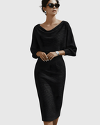 Elegant Collection | White Midi Dress with Draped Batwing Sleeves | Flattering Fit for Effortless Style 2