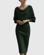 Elegant Collection | White Midi Dress with Draped Batwing Sleeves | Flattering Fit for Effortless Style 3