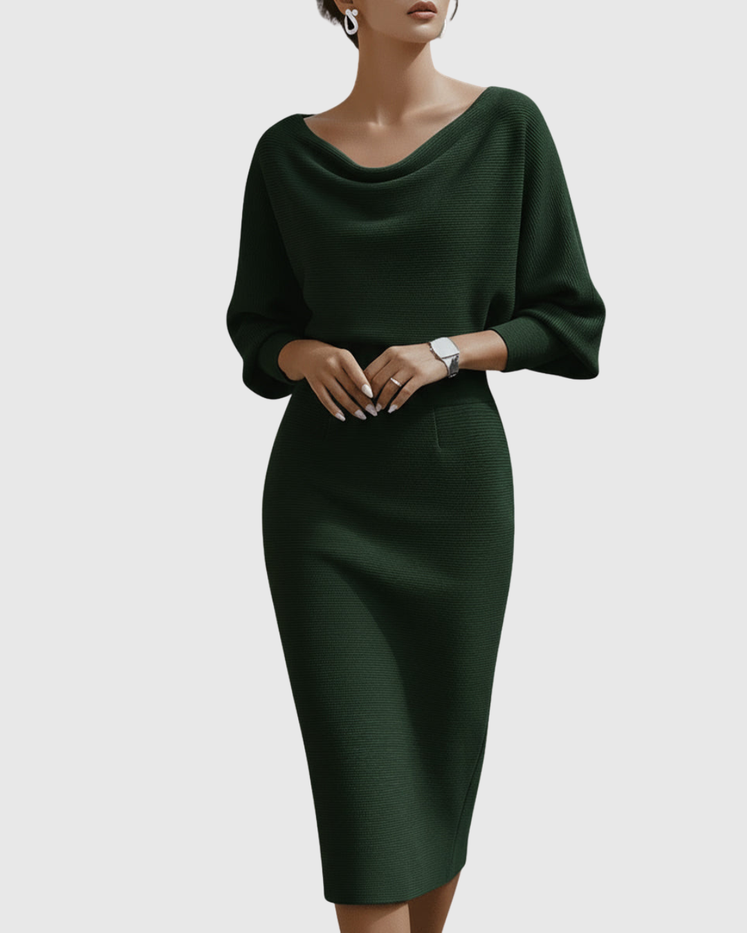Elegant Collection | White Midi Dress with Draped Batwing Sleeves | Flattering Fit for Effortless Style 3