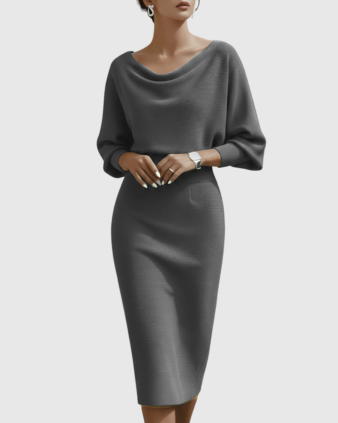 Elegant Collection | White Midi Dress with Draped Batwing Sleeves | Flattering Fit for Effortless Style 4