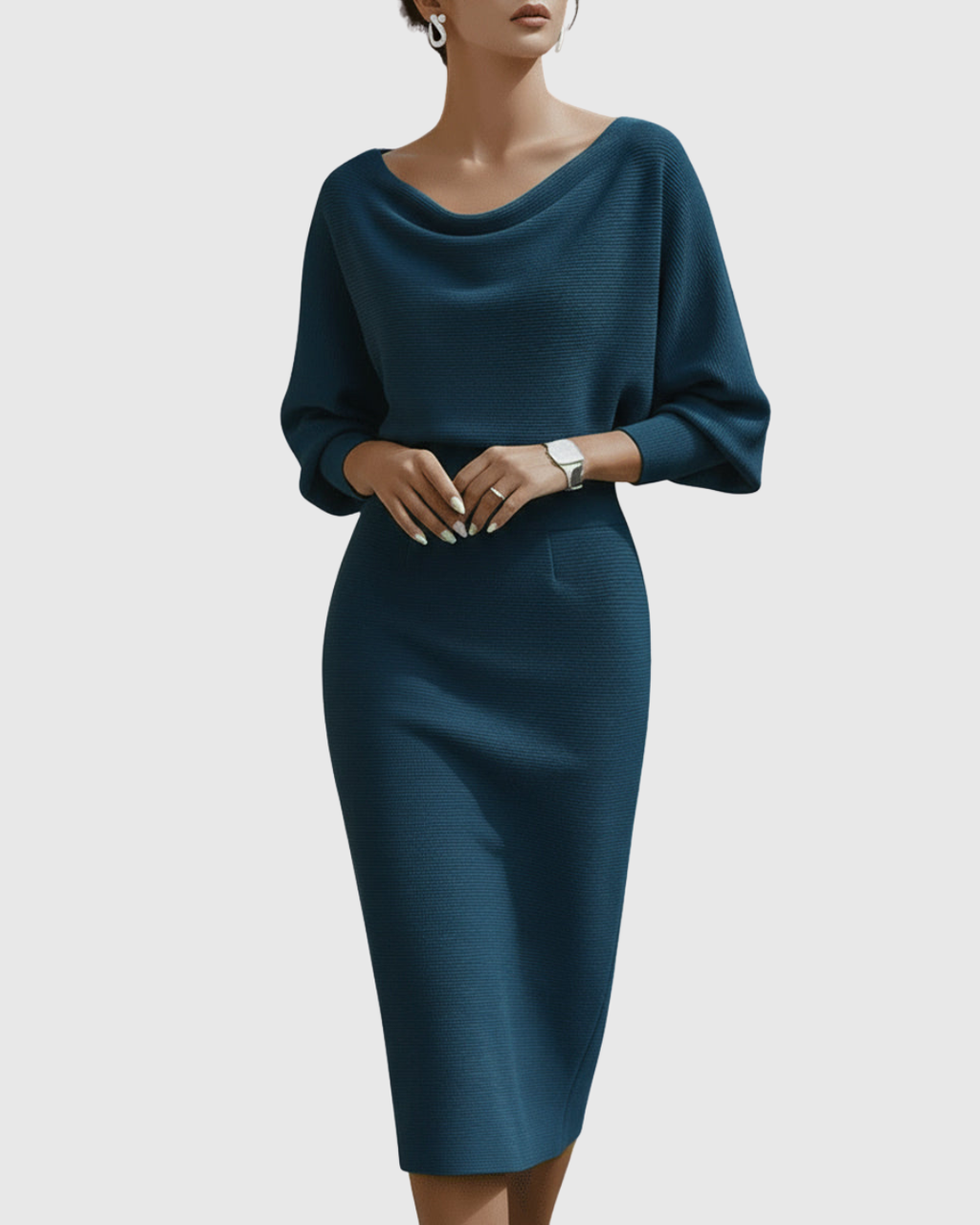Elegant Collection | White Midi Dress with Draped Batwing Sleeves | Flattering Fit for Effortless Style 5