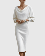 Elegant Collection | White Midi Dress with Draped Batwing Sleeves | Flattering Fit for Effortless Style 6