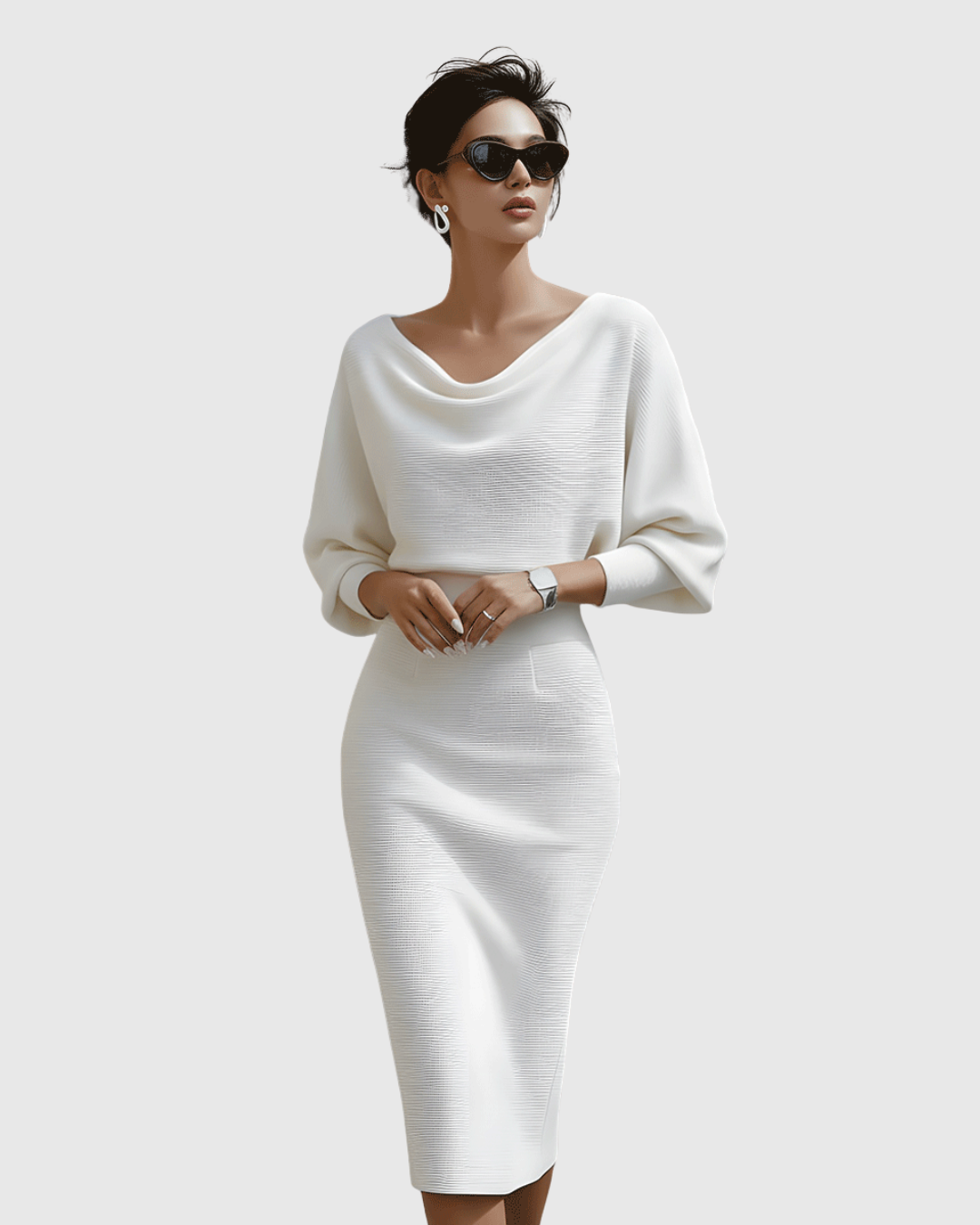 Elegant Collection | White Midi Dress with Draped Batwing Sleeves | Flattering Fit for Effortless Style 7