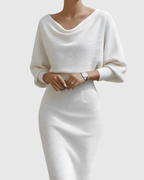 Elegant Collection | White Midi Dress with Draped Batwing Sleeves | Flattering Fit for Effortless Style 8