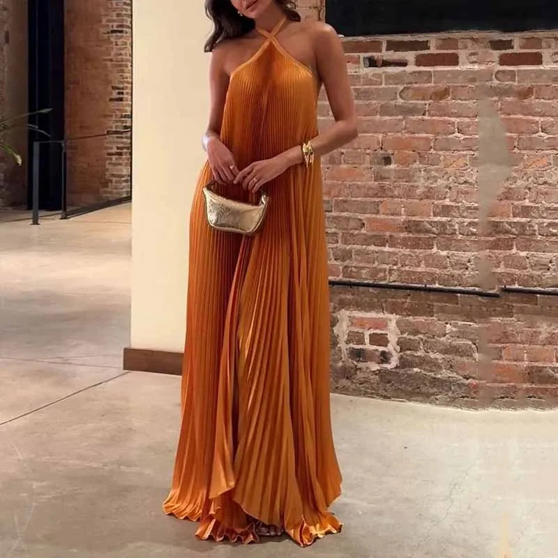 Elegant Collection | Women's Maxi Dress with Pleated Halter Neck Design | Flattering Summer Style for Effortless Elegance 0