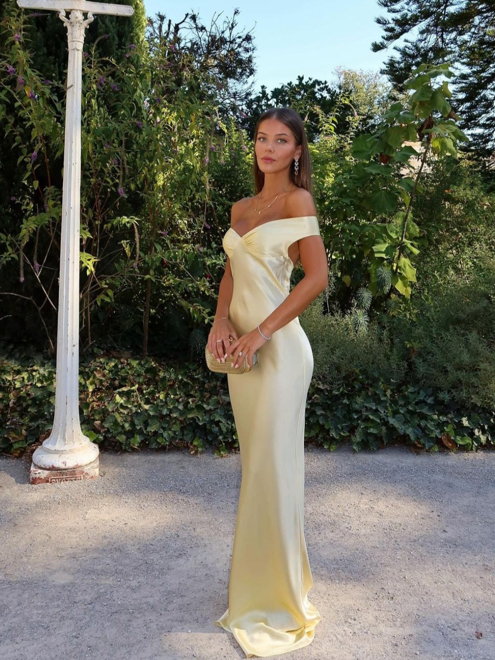 Elegant Evening Gown | Off-Shoulder Satin Dress with Sculpted Bodice | Flattering Fit for Special Occasions 0