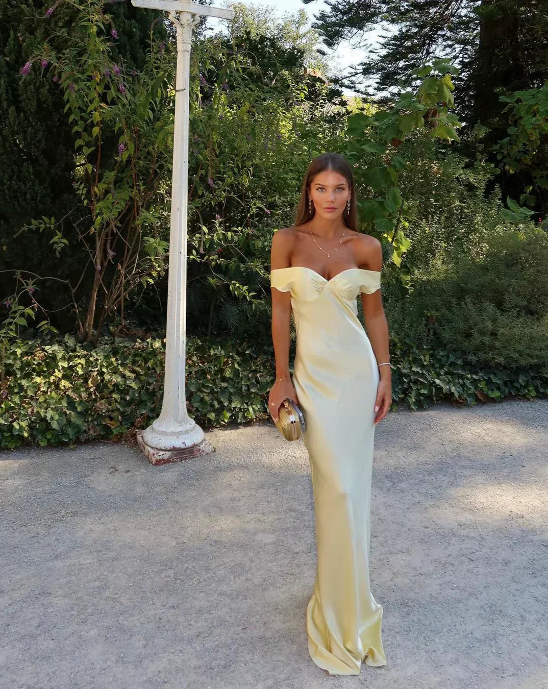Elegant Evening Gown | Off-Shoulder Satin Dress with Sculpted Bodice | Flattering Fit for Special Occasions 1