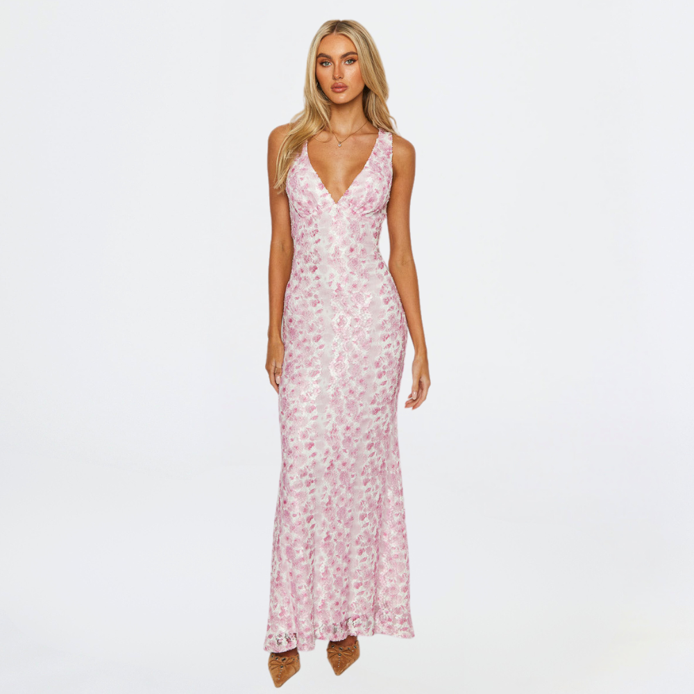 Elegant Floral Wedding Guest Dress with V-Neckline | Timeless Charm for Special Occasions 0