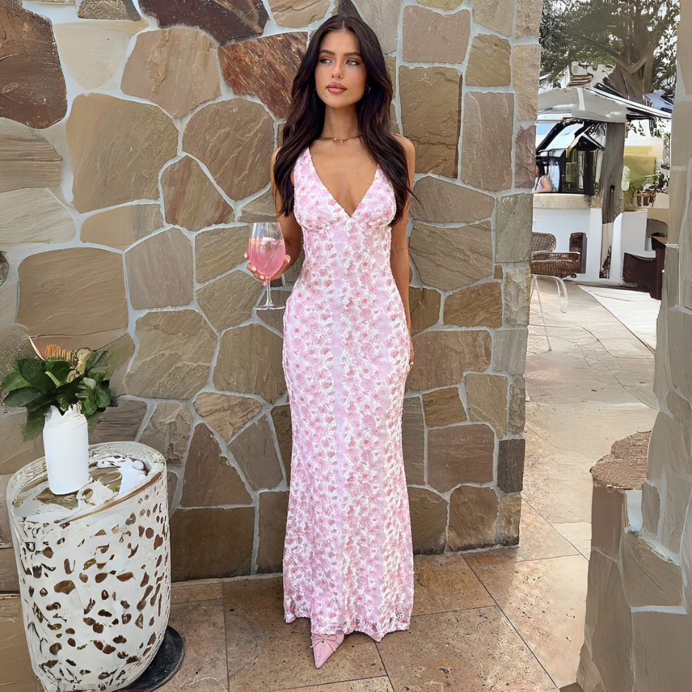 Elegant Floral Wedding Guest Dress with V-Neckline | Timeless Charm for Special Occasions 1