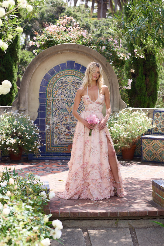 Elegant Halter Dress | Women's Wedding Guest Dress with Floral Design | Stunning Cocktail Attire for Special Occasions 6