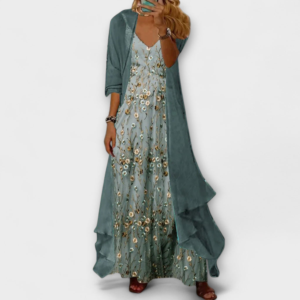 Elegant Maxi Dress Two-Piece Set with Lightweight Jacket for Stylish Comfort 0