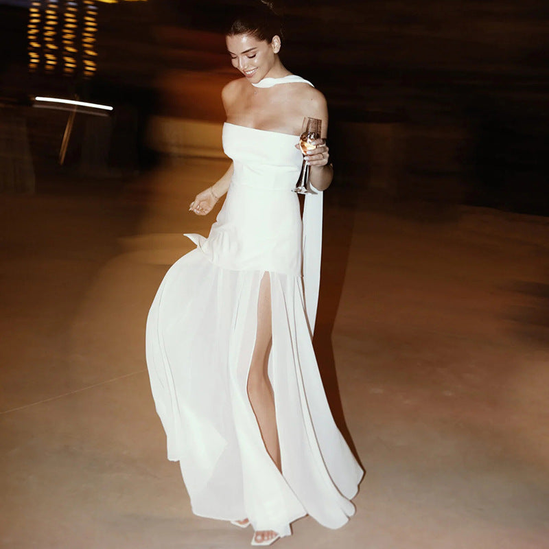 Elegant Maxi Dress | Strapless Asymmetric Design with Patchwork Mesh for Timeless Style 8