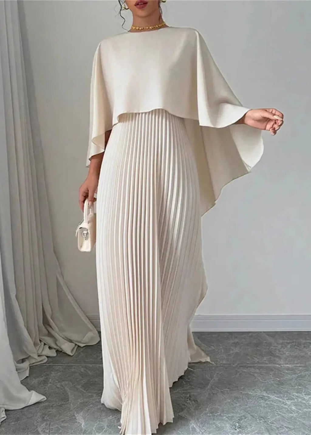 Elegant Maxi Dress with Pleated Cape Overlay | Long Dresses for Women 0