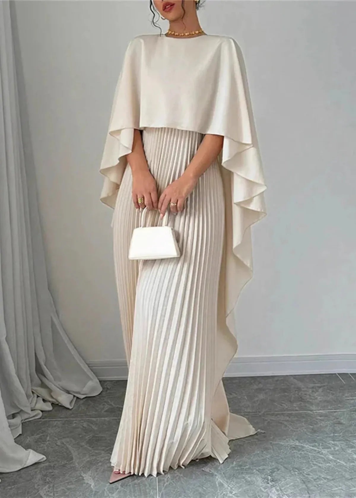 Elegant Maxi Dress with Pleated Cape Overlay | Long Dresses for Women 2