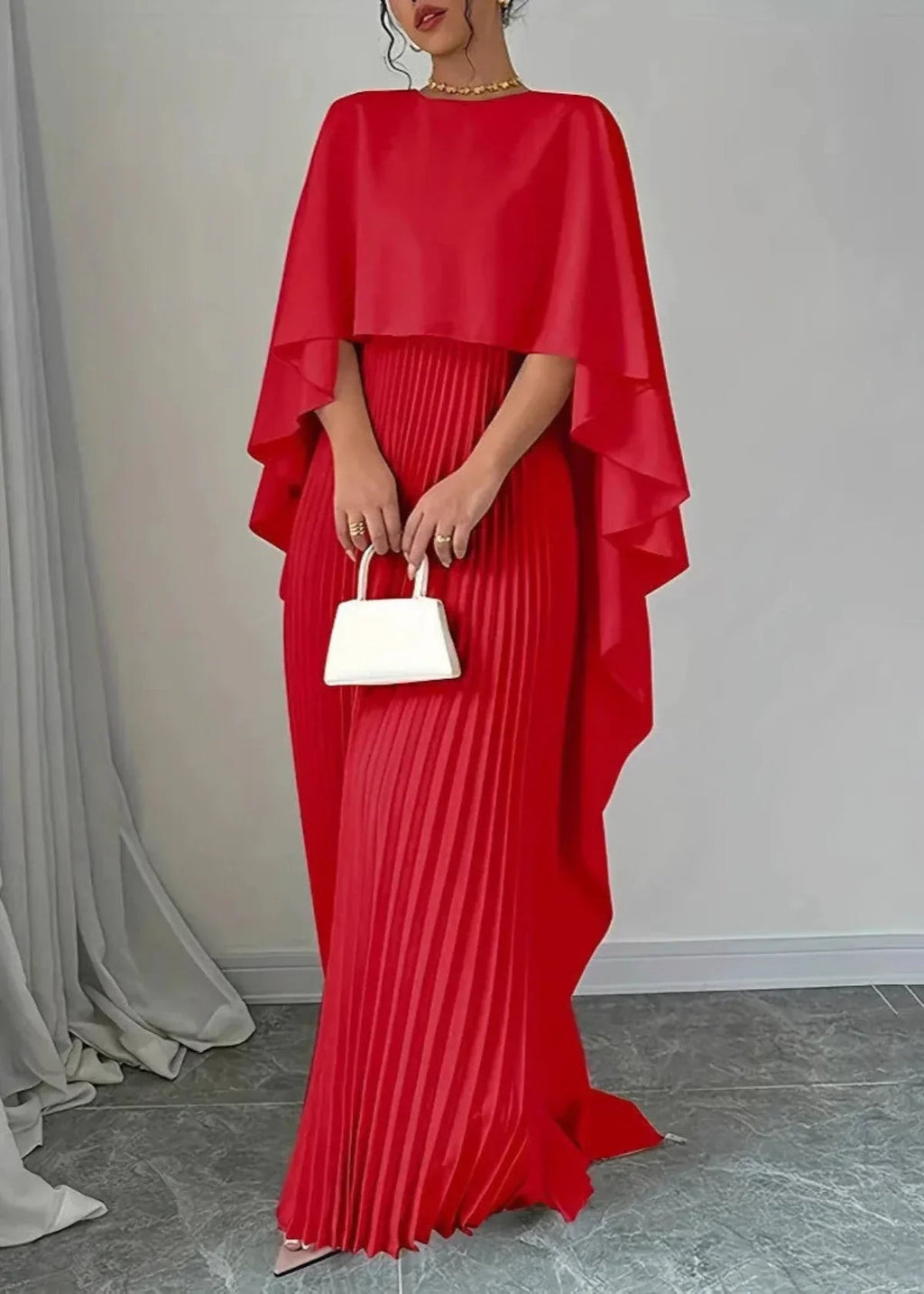 Elegant Maxi Dress with Pleated Cape Overlay | Long Dresses for Women 3