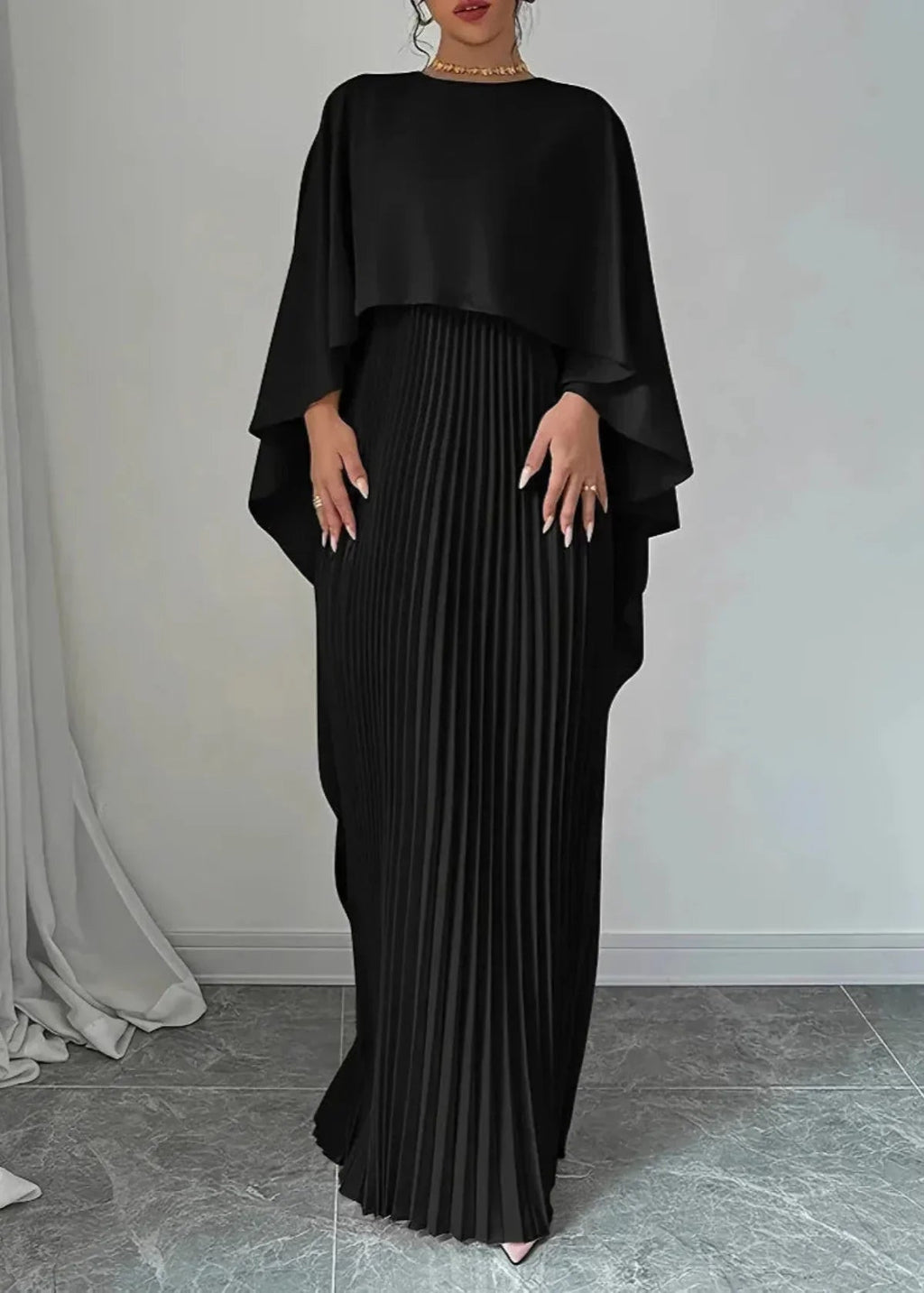 Elegant Maxi Dress with Pleated Cape Overlay | Long Dresses for Women 4