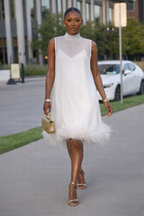 Elegant Midi Dress with Feather Hem & Deep V-Neckline | Chic Sleeveless Design for Stunning Style 1