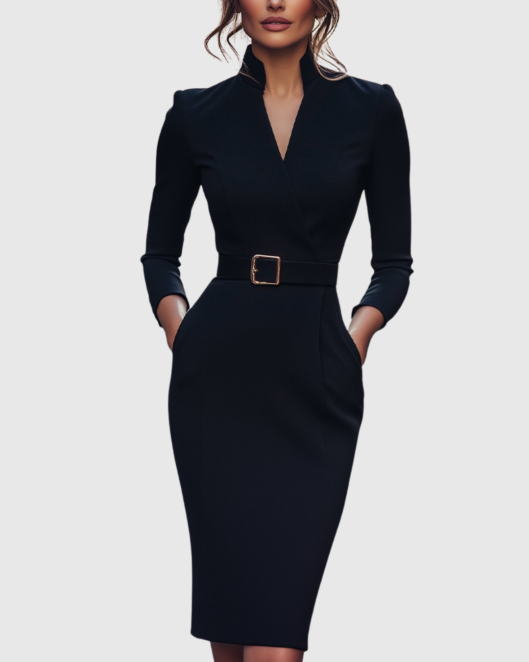 Elegant Midi Dress with Mock Wrap Neckline & Structured Belt | Flattering Fit for Every Occasion 0