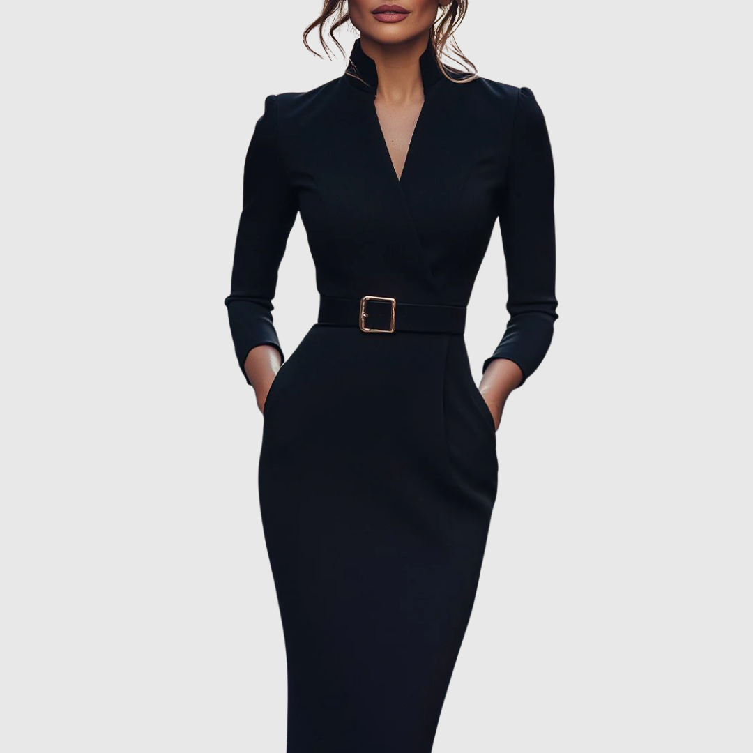 Elegant Midi Dress with Mock Wrap Neckline & Structured Belt | Flattering Fit for Every Occasion 1