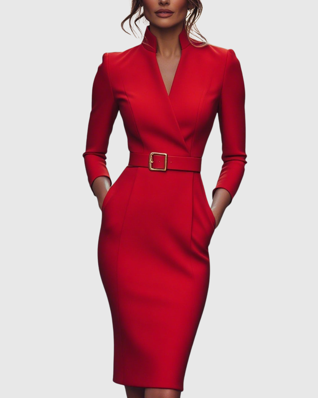 Elegant Midi Dress with Mock Wrap Neckline & Structured Belt | Flattering Fit for Every Occasion 10