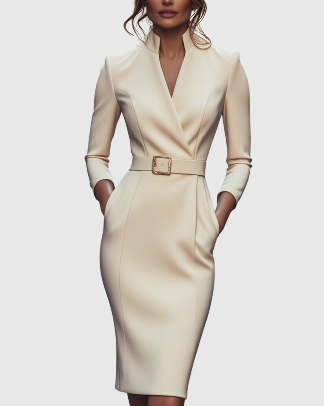 Elegant Midi Dress with Mock Wrap Neckline & Structured Belt | Flattering Fit for Every Occasion 11