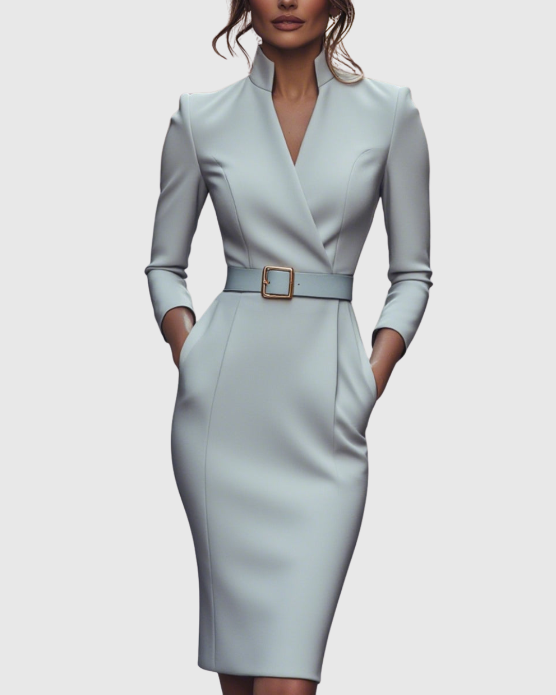 Elegant Midi Dress with Mock Wrap Neckline & Structured Belt | Flattering Fit for Every Occasion 12