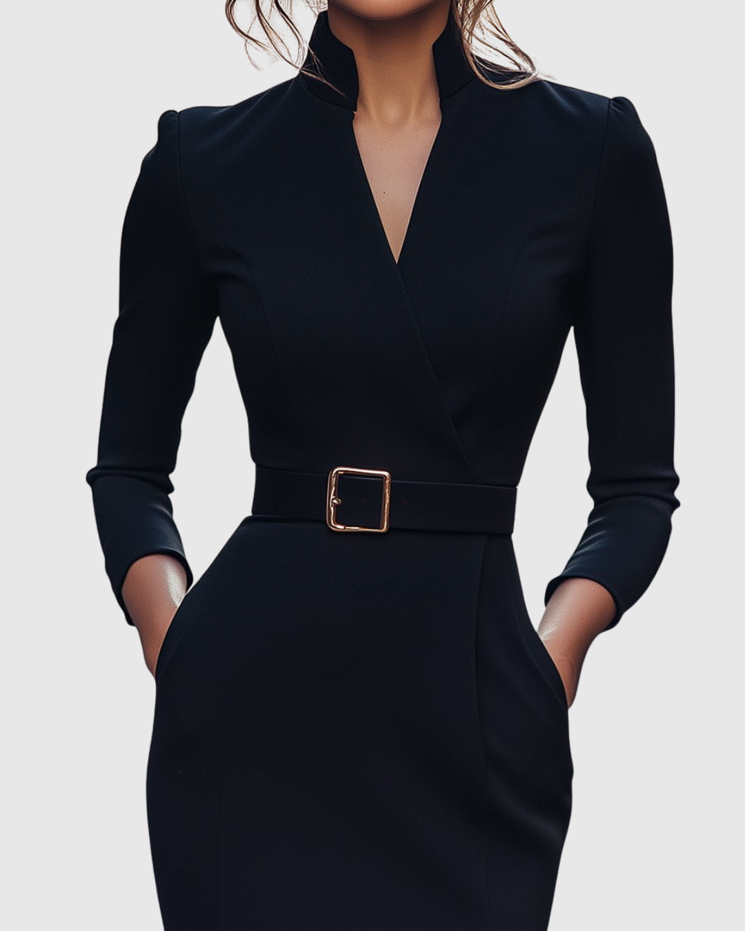 Elegant Midi Dress with Mock Wrap Neckline & Structured Belt | Flattering Fit for Every Occasion 2