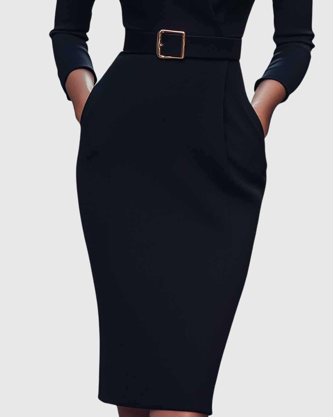 Elegant Midi Dress with Mock Wrap Neckline & Structured Belt | Flattering Fit for Every Occasion 3