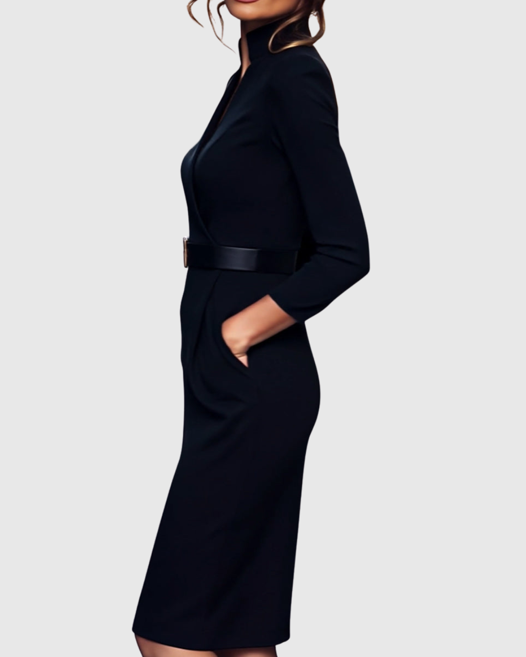 Elegant Midi Dress with Mock Wrap Neckline & Structured Belt | Flattering Fit for Every Occasion 4