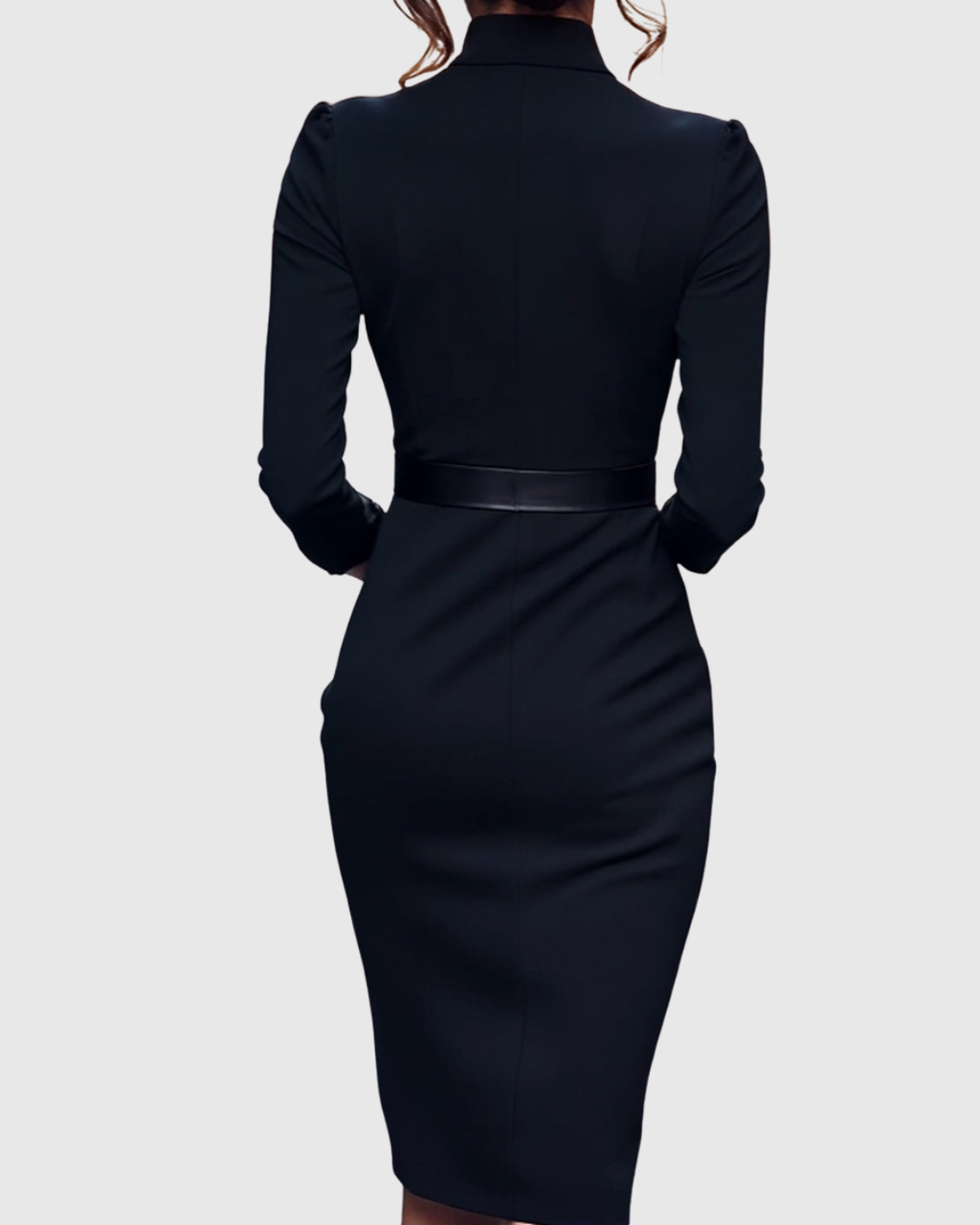 Elegant Midi Dress with Mock Wrap Neckline & Structured Belt | Flattering Fit for Every Occasion 5