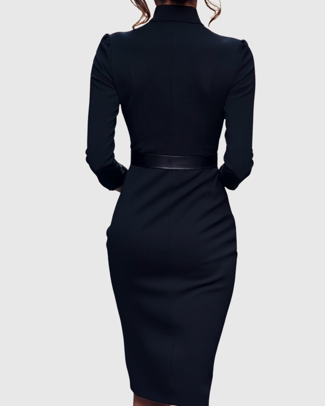 Elegant Midi Dress with Mock Wrap Neckline & Structured Belt | Flattering Fit for Every Occasion 5