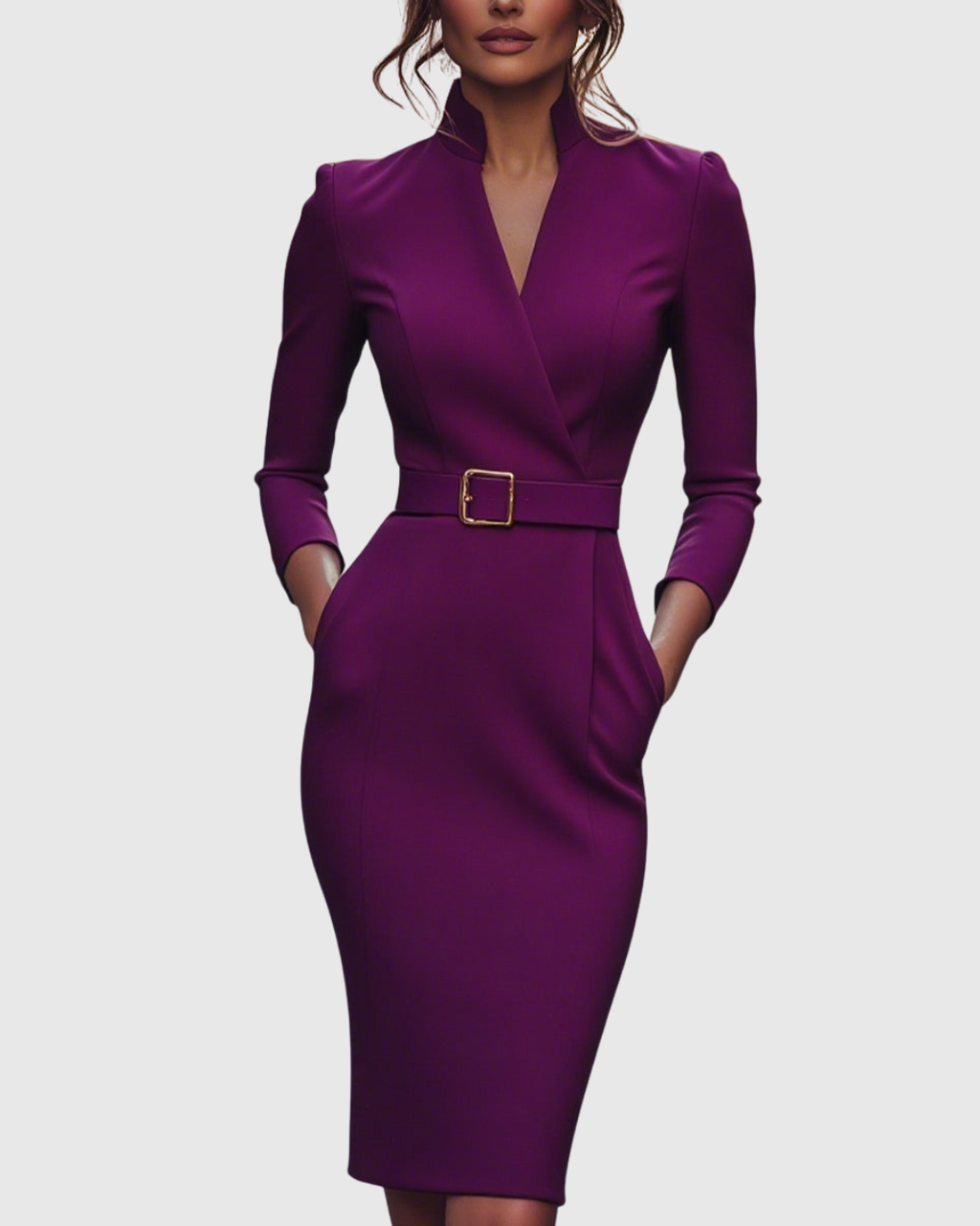 Elegant Midi Dress with Mock Wrap Neckline & Structured Belt | Flattering Fit for Every Occasion 6