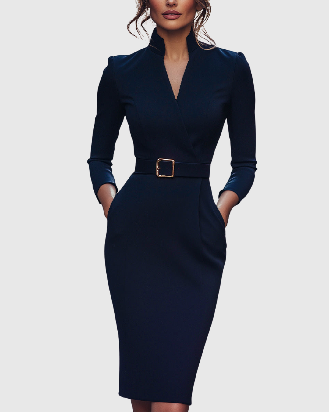 Elegant Midi Dress with Mock Wrap Neckline & Structured Belt | Flattering Fit for Every Occasion 7