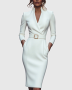 Elegant Midi Dress with Mock Wrap Neckline & Structured Belt | Flattering Fit for Every Occasion 8