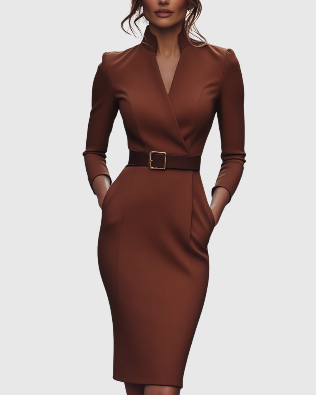 Elegant Midi Dress with Mock Wrap Neckline & Structured Belt | Flattering Fit for Every Occasion 9