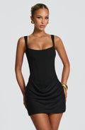 Elegant Mini Dress | Structured Crepe Bodice with Cowl Overlay | Flattering Fit for Effortless Style