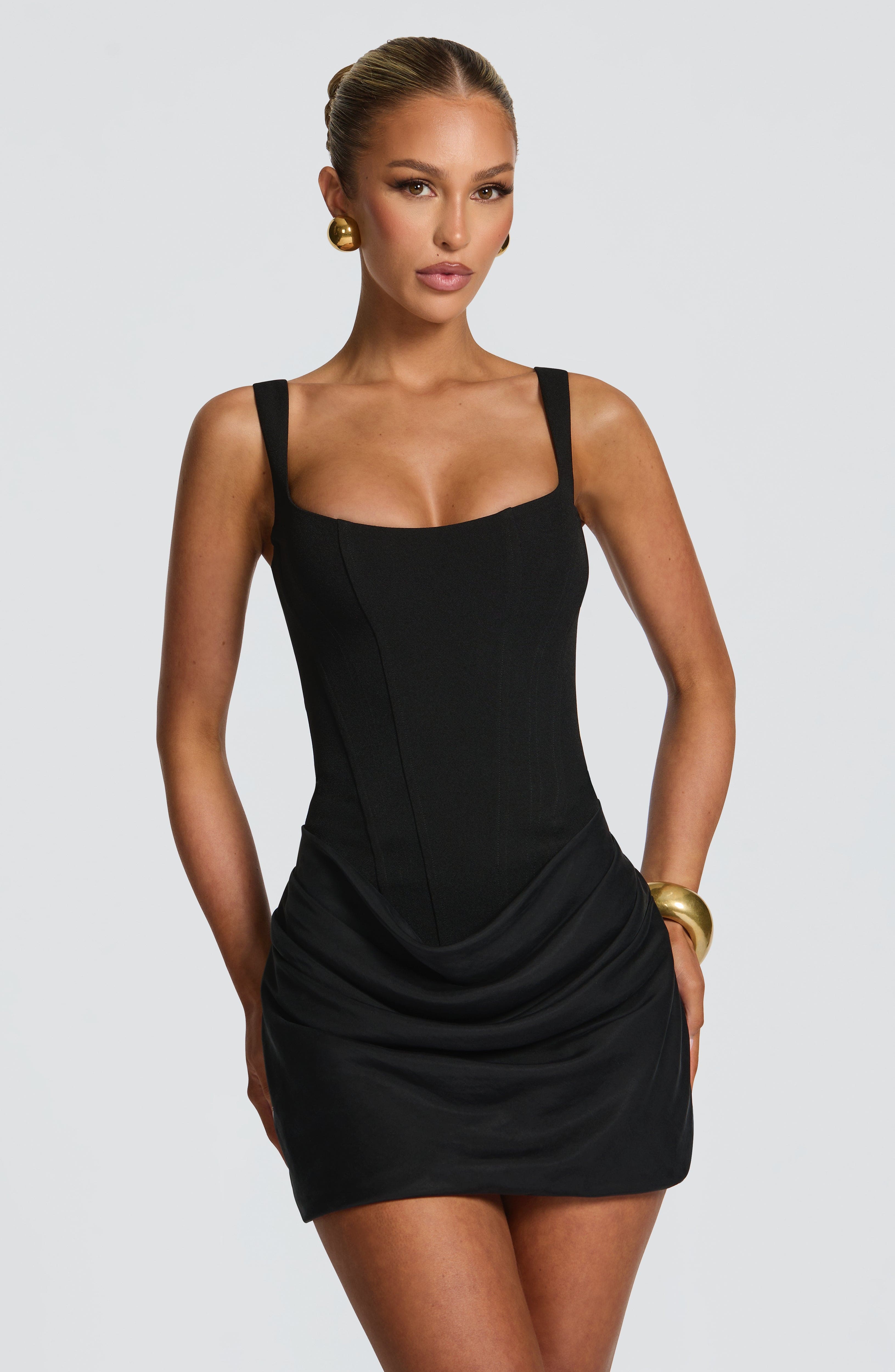 Elegant Mini Dress | Structured Crepe Bodice with Cowl Overlay | Flattering Fit for Effortless Style