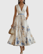 Elegant Pleated Maxi Dress with Long Sleeves & Floral Pattern for Effortless Style 0