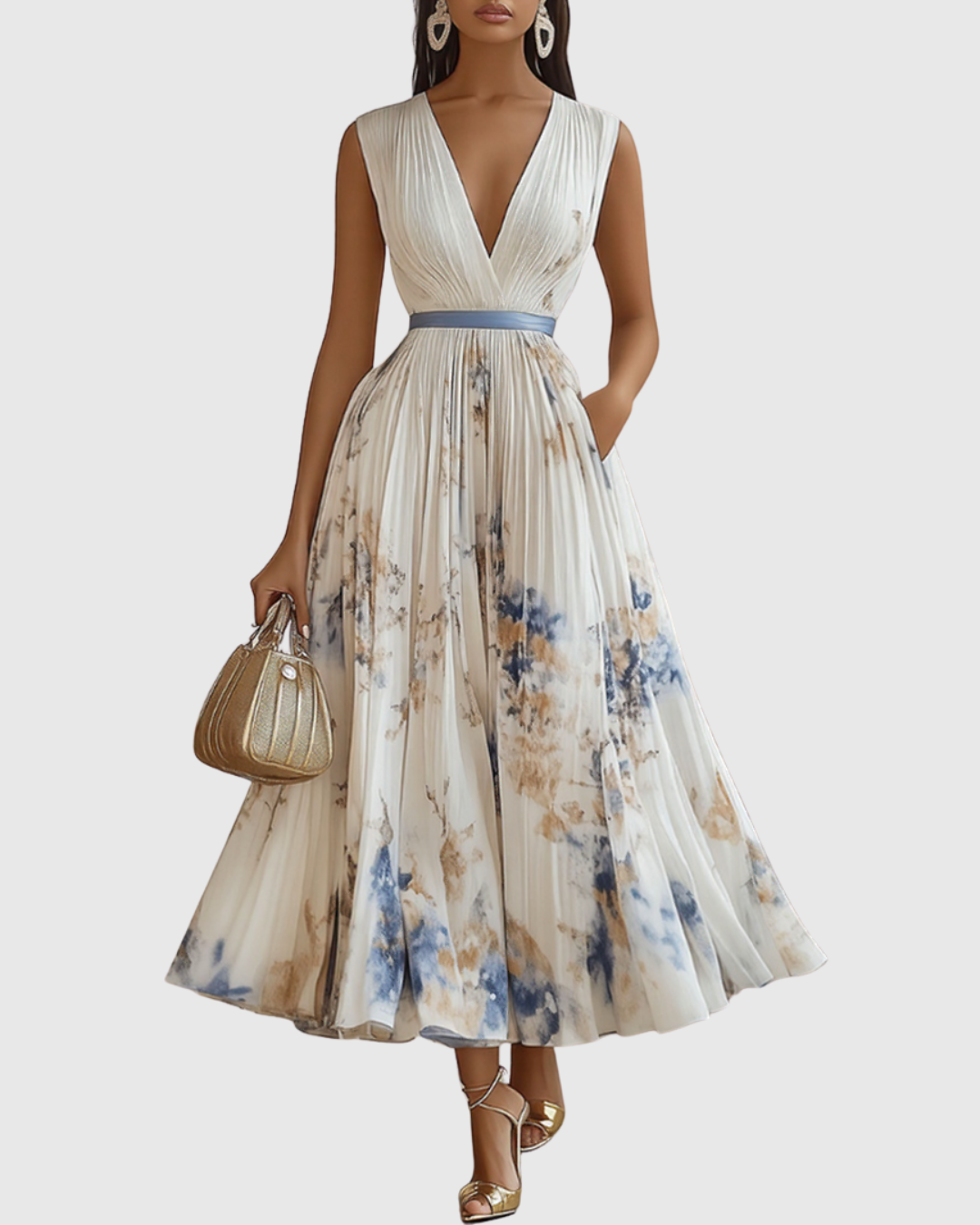 Elegant Pleated Maxi Dress with Long Sleeves & Floral Pattern for Effortless Style 0
