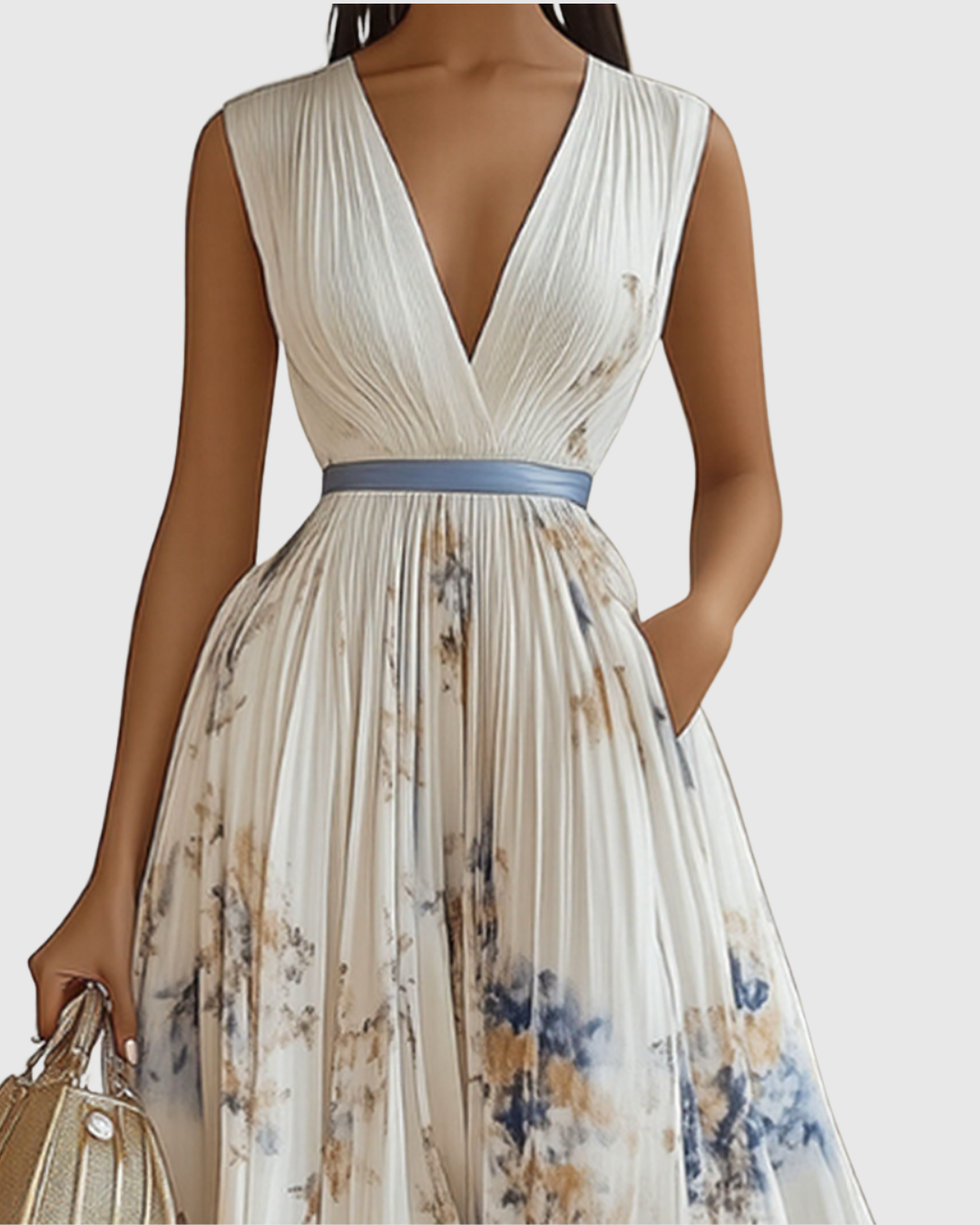 Elegant Pleated Maxi Dress with Long Sleeves & Floral Pattern for Effortless Style 1