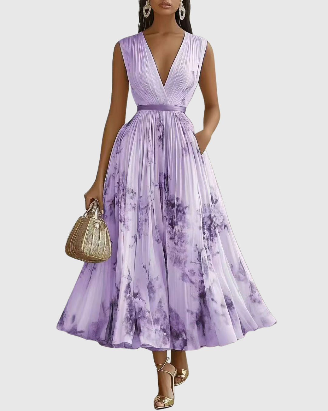 Elegant Pleated Maxi Dress with Long Sleeves & Floral Pattern for Effortless Style 10