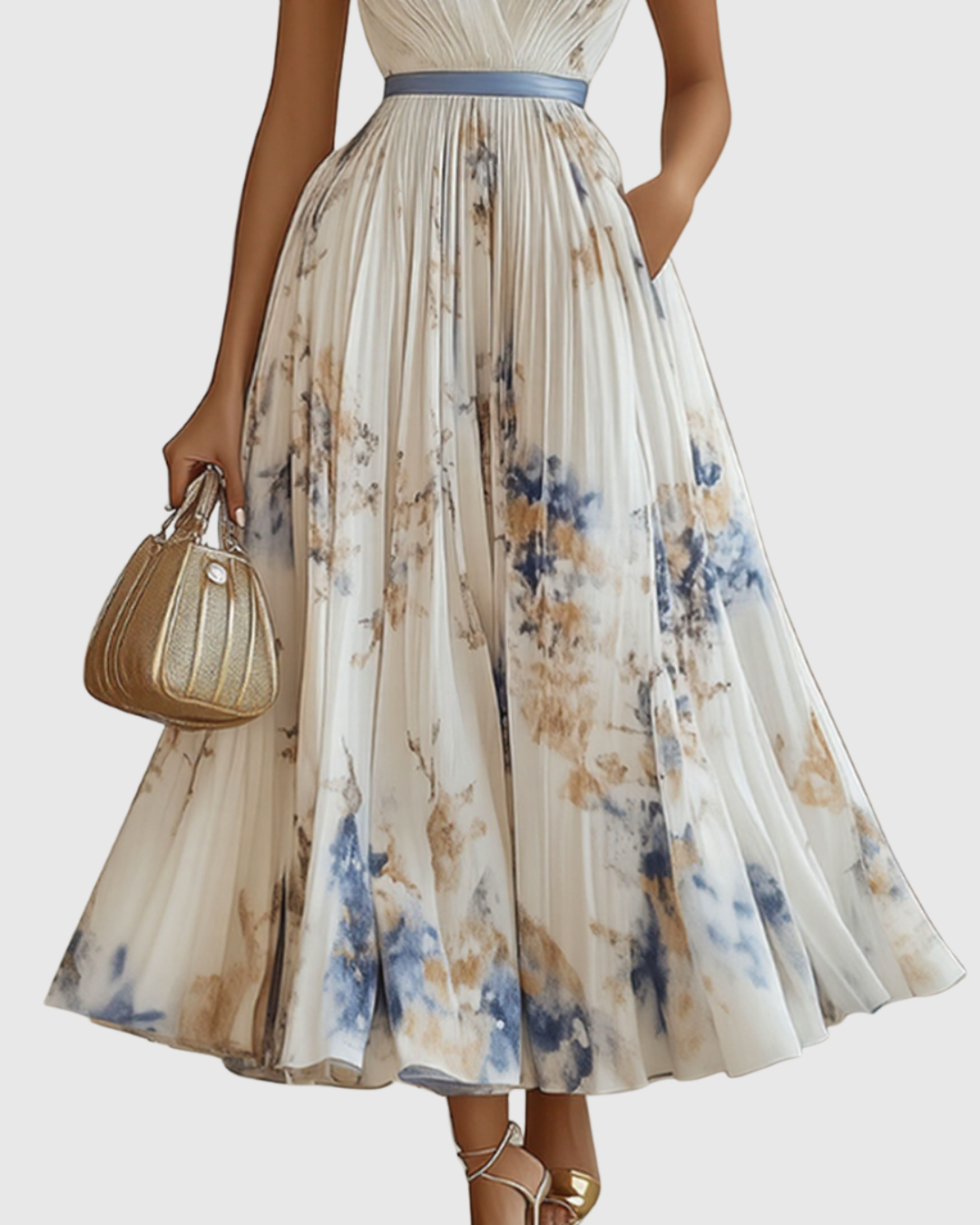 Elegant Pleated Maxi Dress with Long Sleeves & Floral Pattern for Effortless Style 2