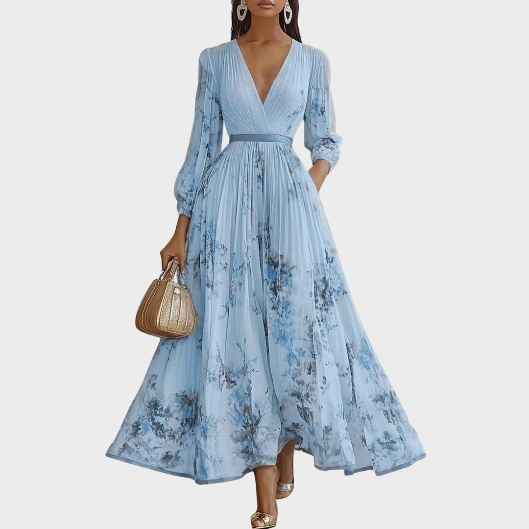 Elegant Pleated Maxi Dress with Long Sleeves & Floral Pattern for Effortless Style 3