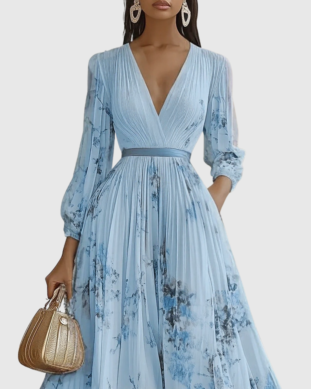 Elegant Pleated Maxi Dress with Long Sleeves & Floral Pattern for Effortless Style 4