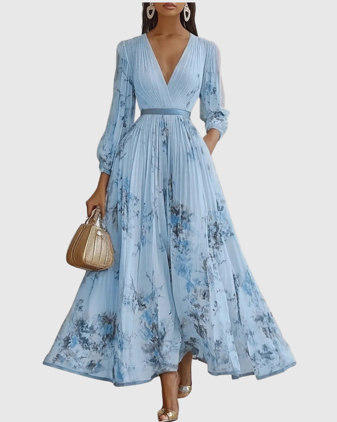 Elegant Pleated Maxi Dress with Long Sleeves & Floral Pattern for Effortless Style 5