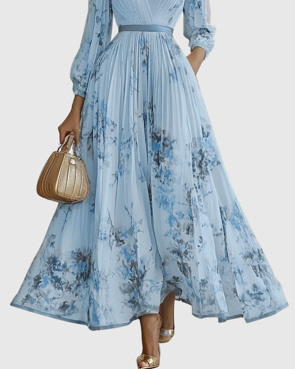 Elegant Pleated Maxi Dress with Long Sleeves & Floral Pattern for Effortless Style 6