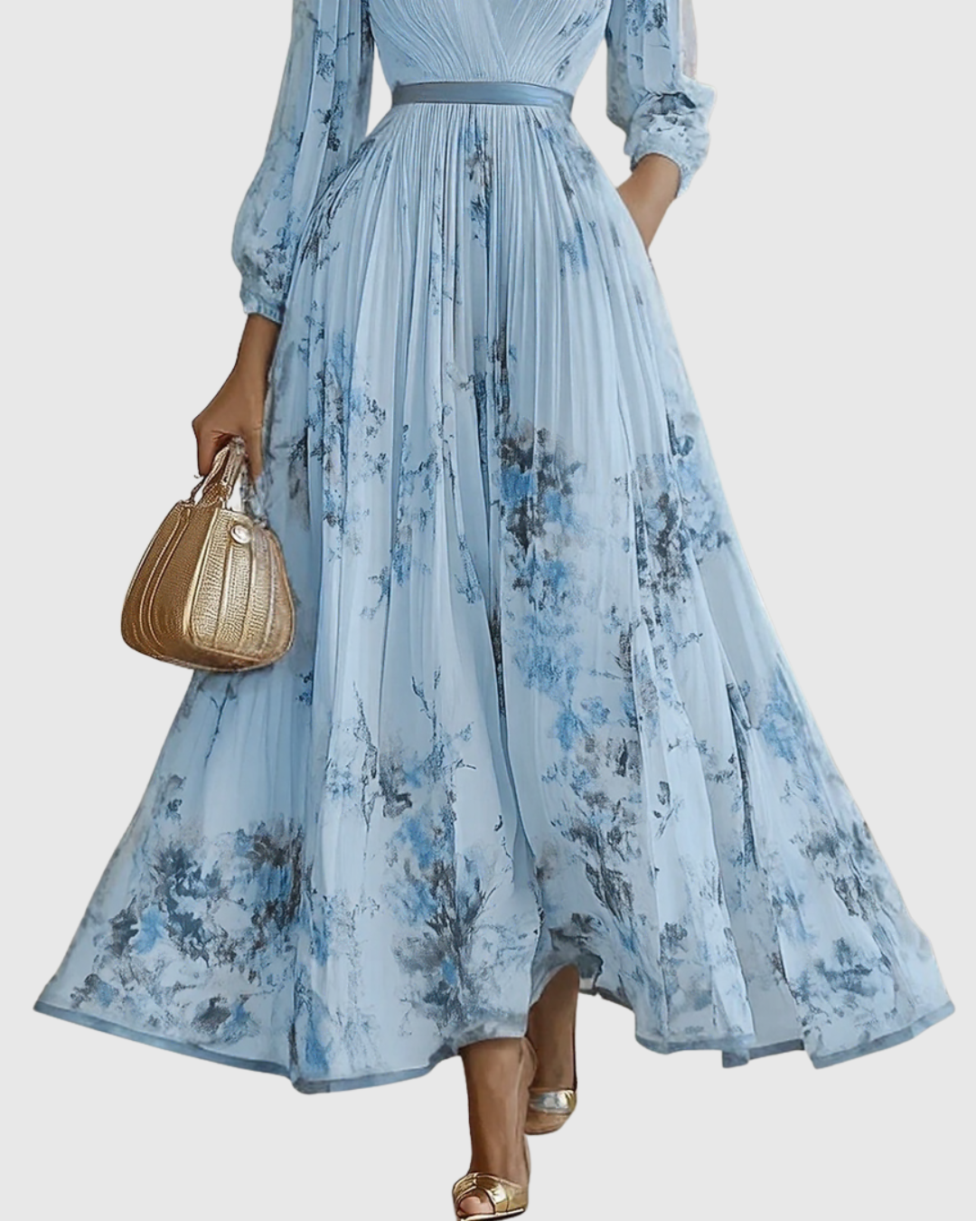 Elegant Pleated Maxi Dress with Long Sleeves & Floral Pattern for Effortless Style 6
